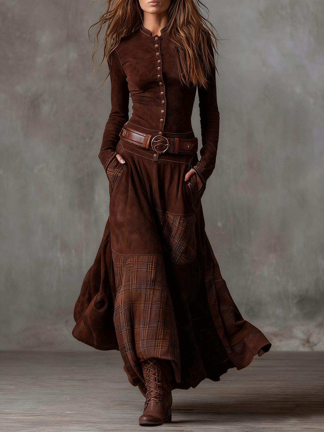 Livia | Abito lungo boho con cintura e inserti a quadri, foto 3