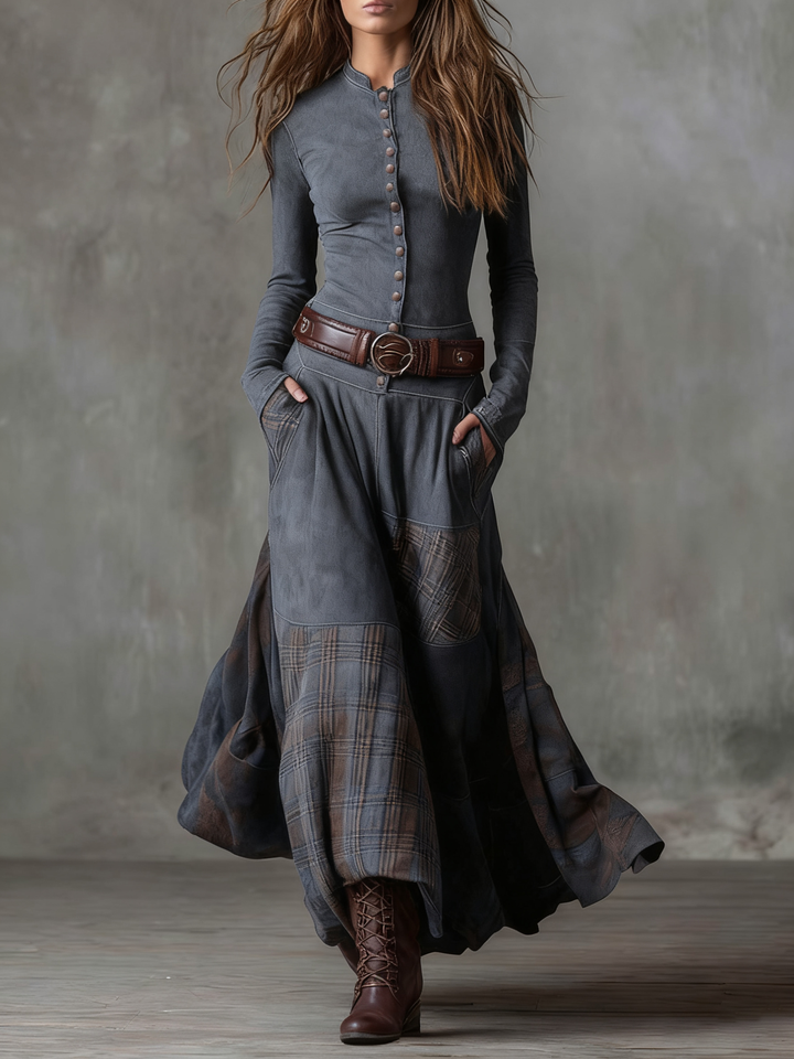 Livia | Abito lungo boho con cintura e inserti a quadri, foto 4