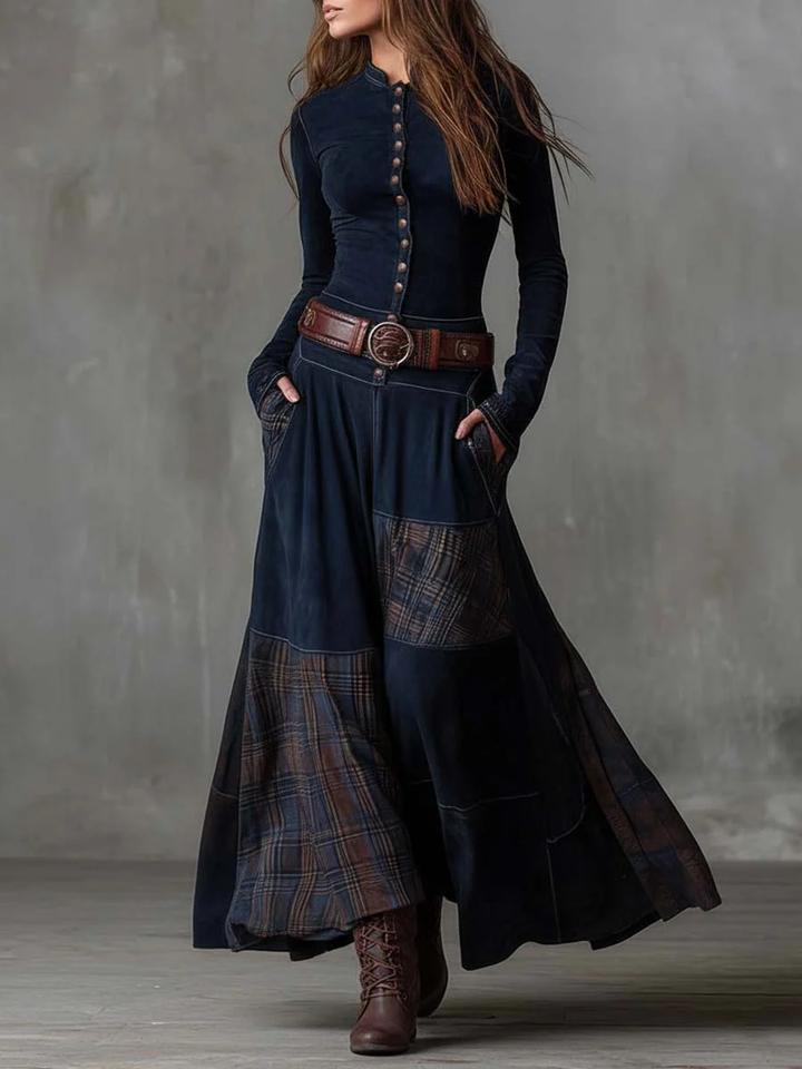 Livia | Abito lungo boho con cintura e inserti a quadri, foto 5