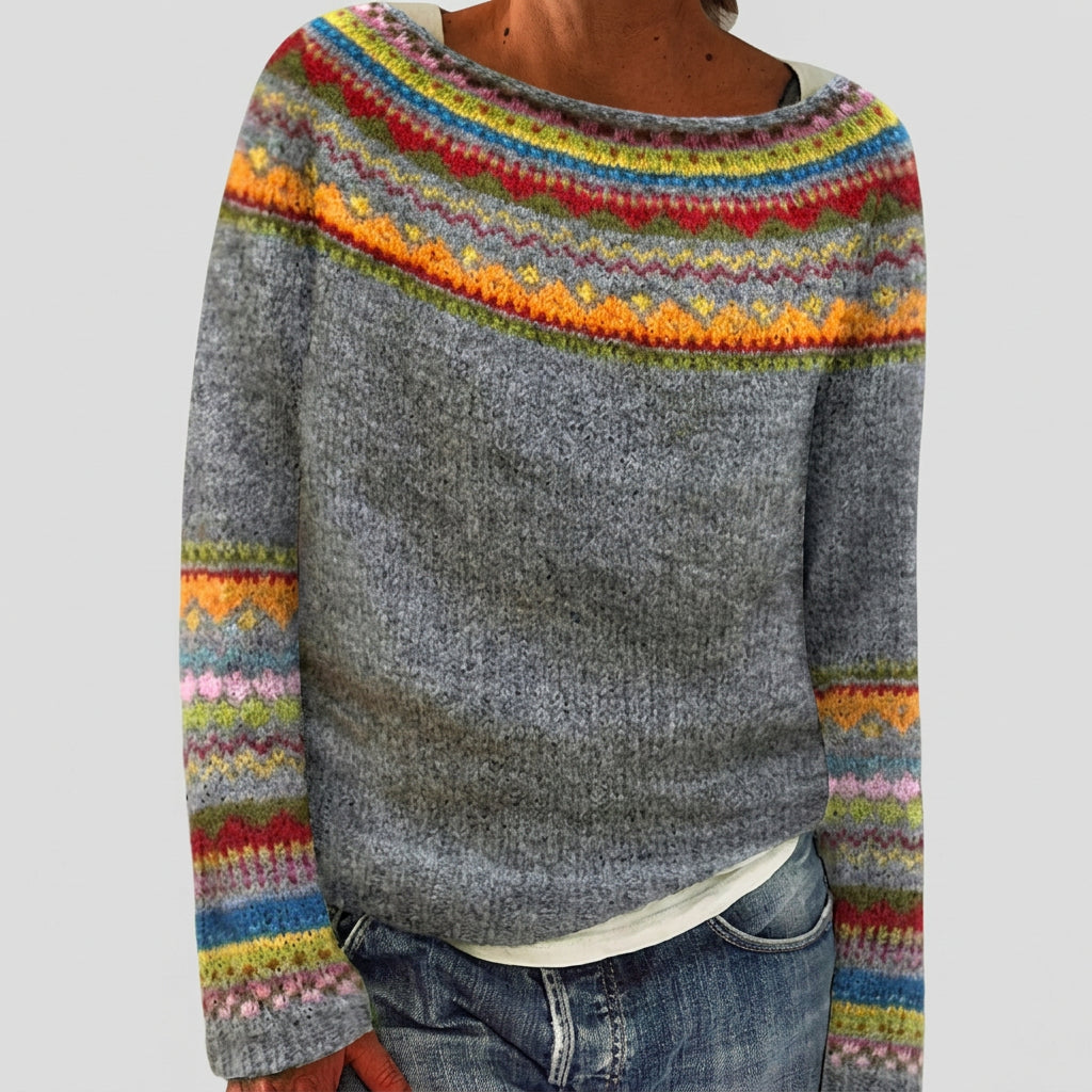Maglione grigio con sprone jacquard multicolore Lorenza