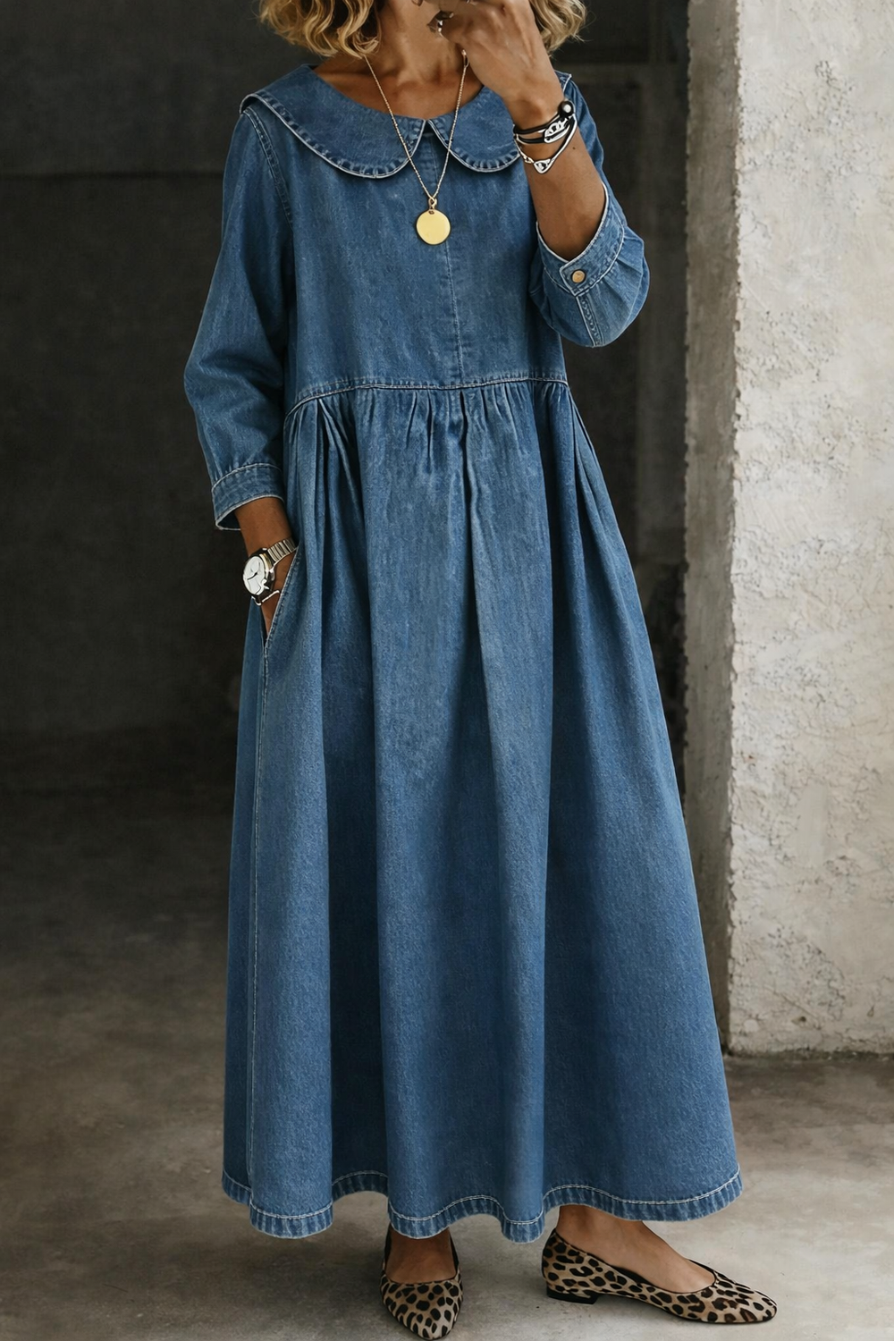 Abito in denim con colletto Peter Pan Lucia – colore Blu