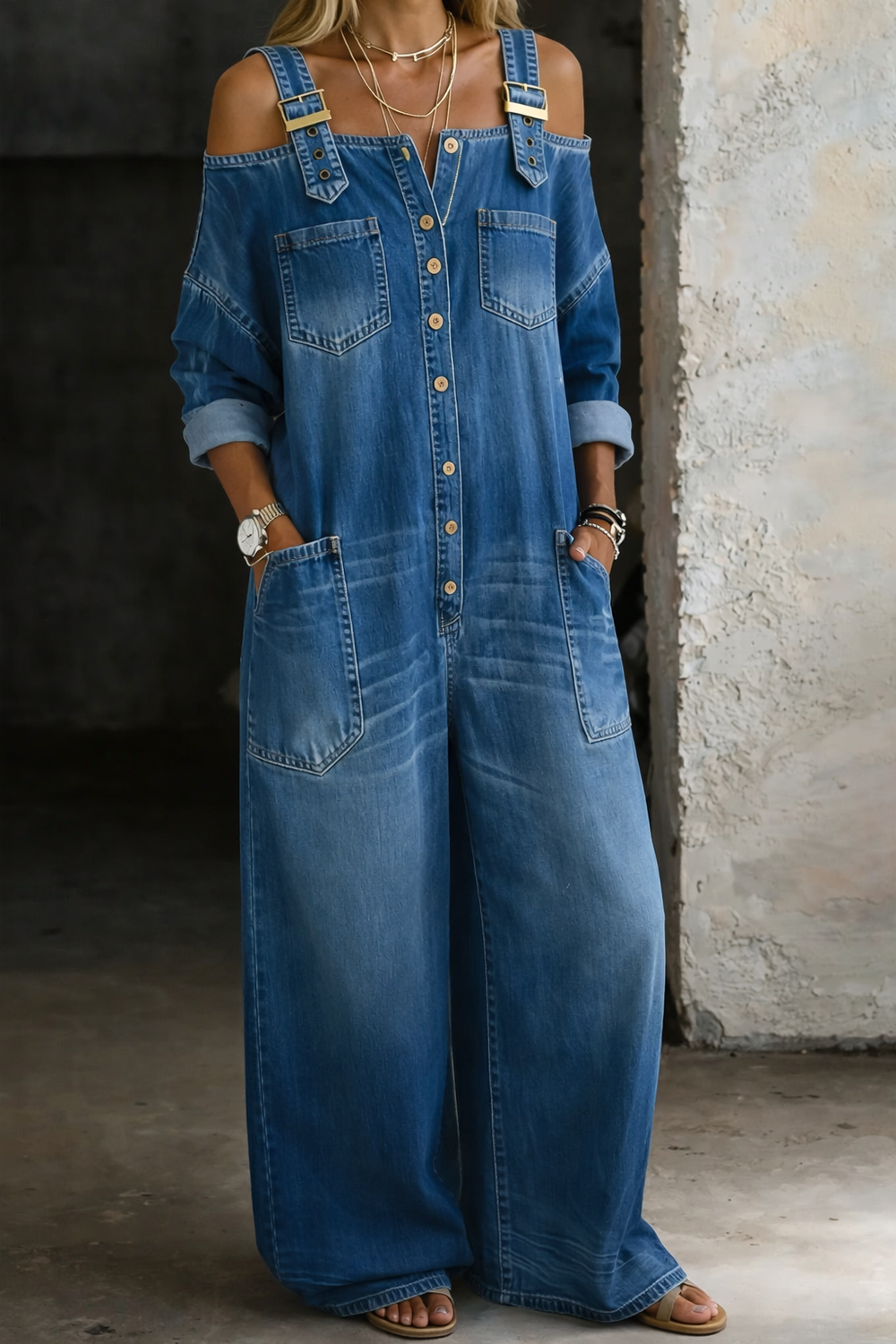 Jumpsuit in denim con spalline e spalle scoperte Martina – foto 2