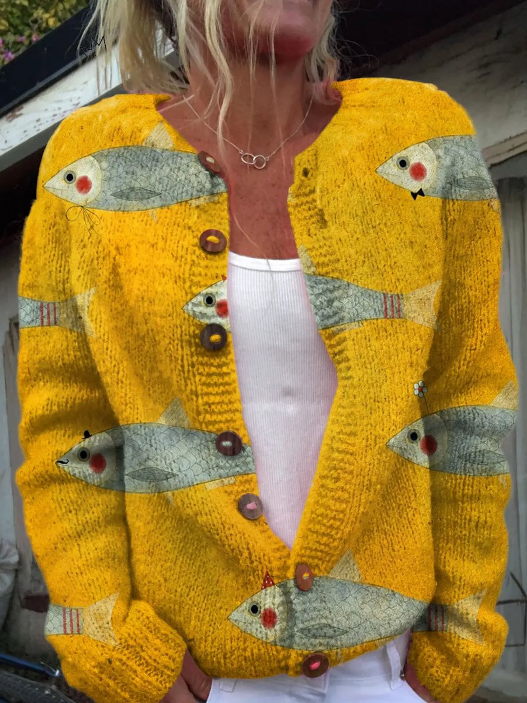 Nilde | Cardigan vintage giallo con pesci