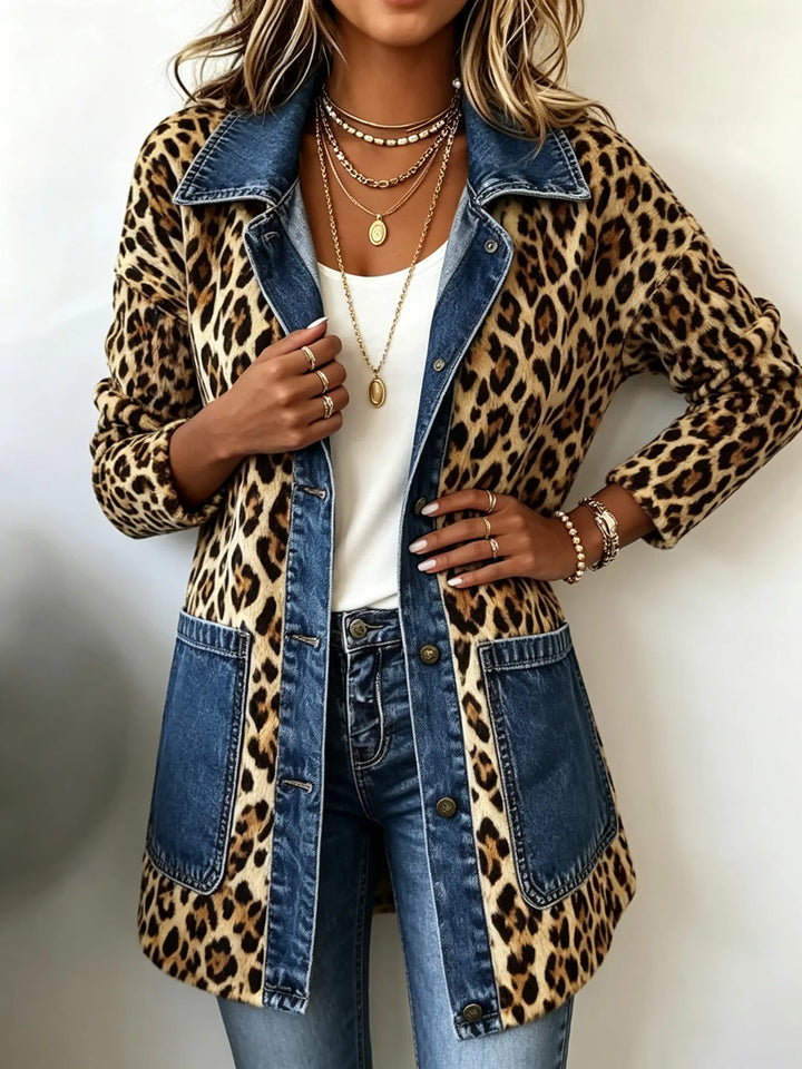 Adalgisa | Giacca lunga leopardata con inserti in denim