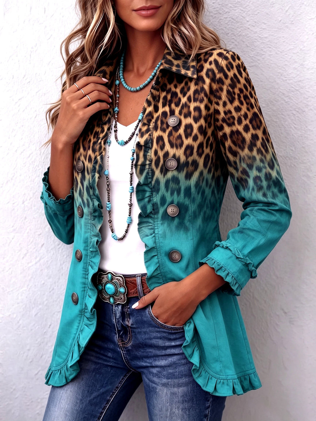 Annetta | Giacca blazer leopardata con sfumatura multicolore e volant