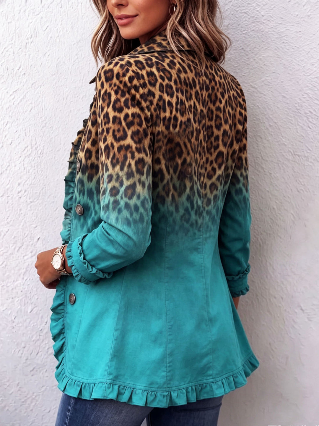 Annetta | Giacca blazer leopardata con sfumatura multicolore e volant
