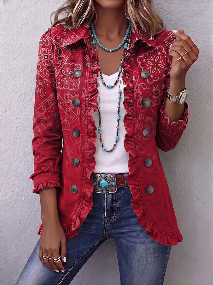 Smeralda | Giacca boho paisley sfumata con revers e volant