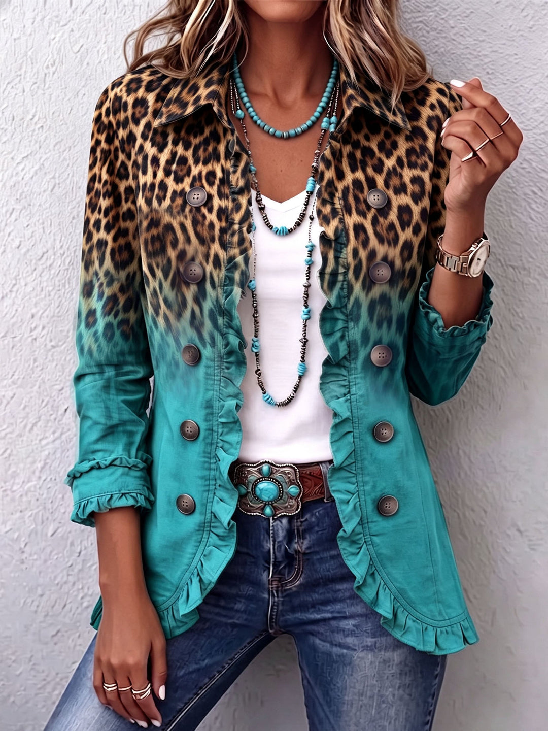 Annetta | Giacca blazer leopardata con sfumatura multicolore e volant