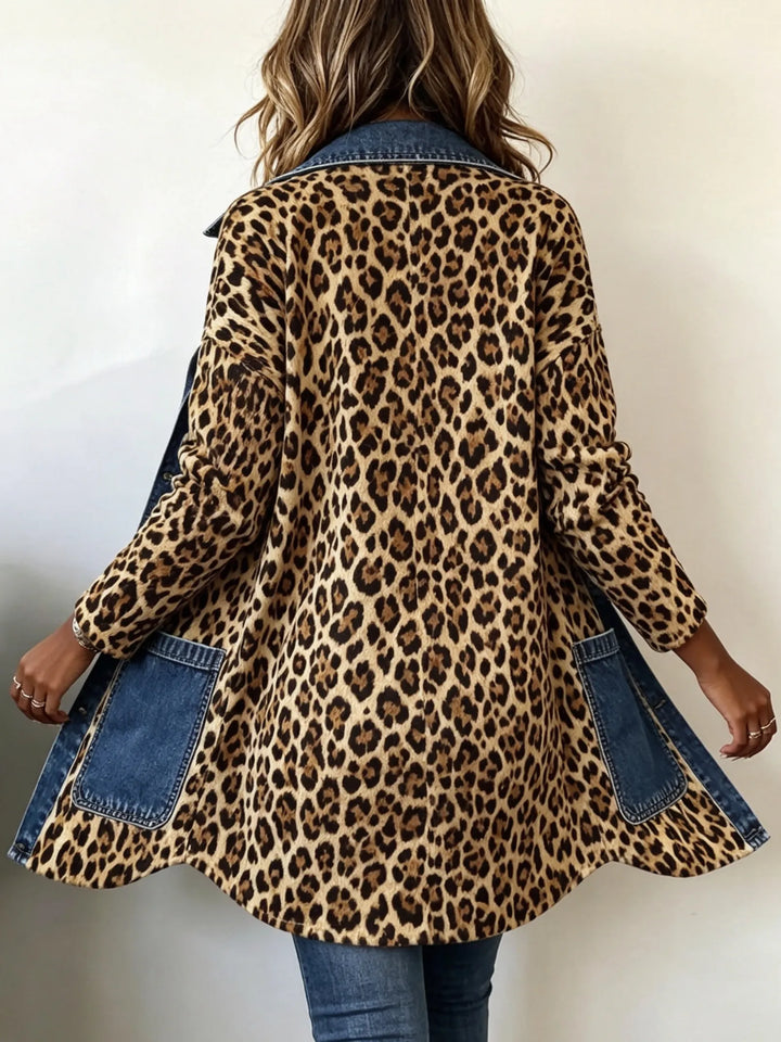 Adalgisa | Giacca lunga leopardata con inserti in denim