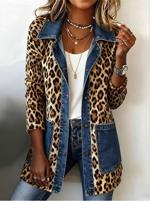 Adalgisa | Giacca lunga leopardata con inserti in denim