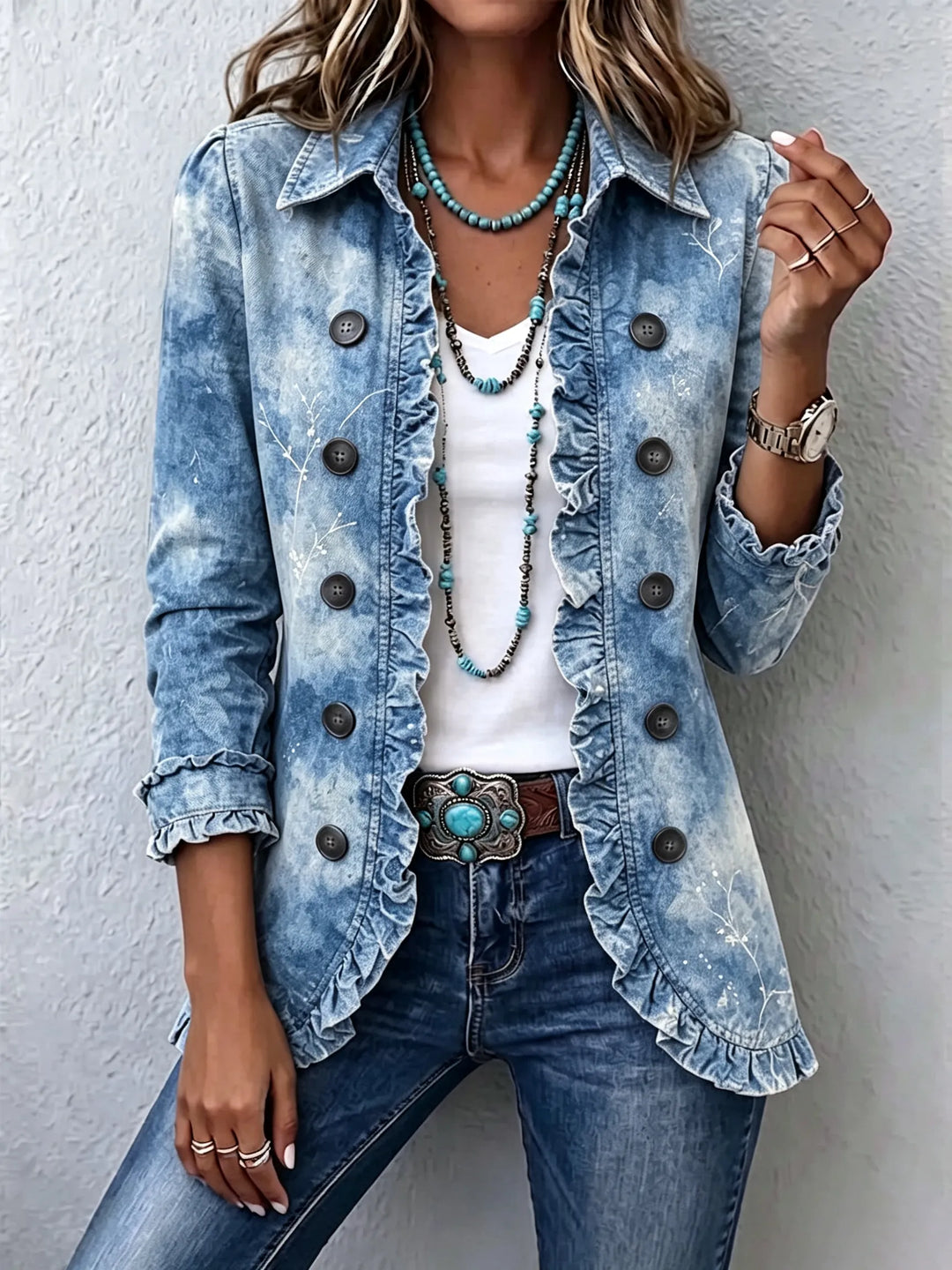 Tosca | Giacca vintage boho con stampa botanica sfumata e volant
