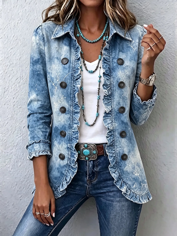 Tosca | Giacca vintage boho con stampa botanica sfumata e volant