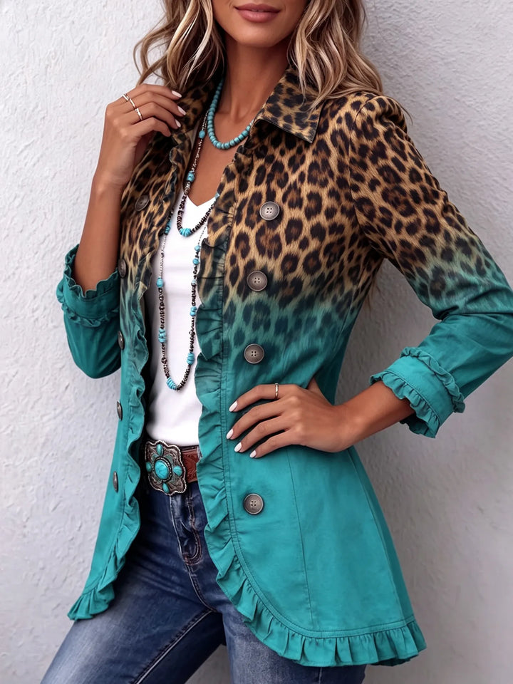 Annetta | Giacca blazer leopardata con sfumatura multicolore e volant