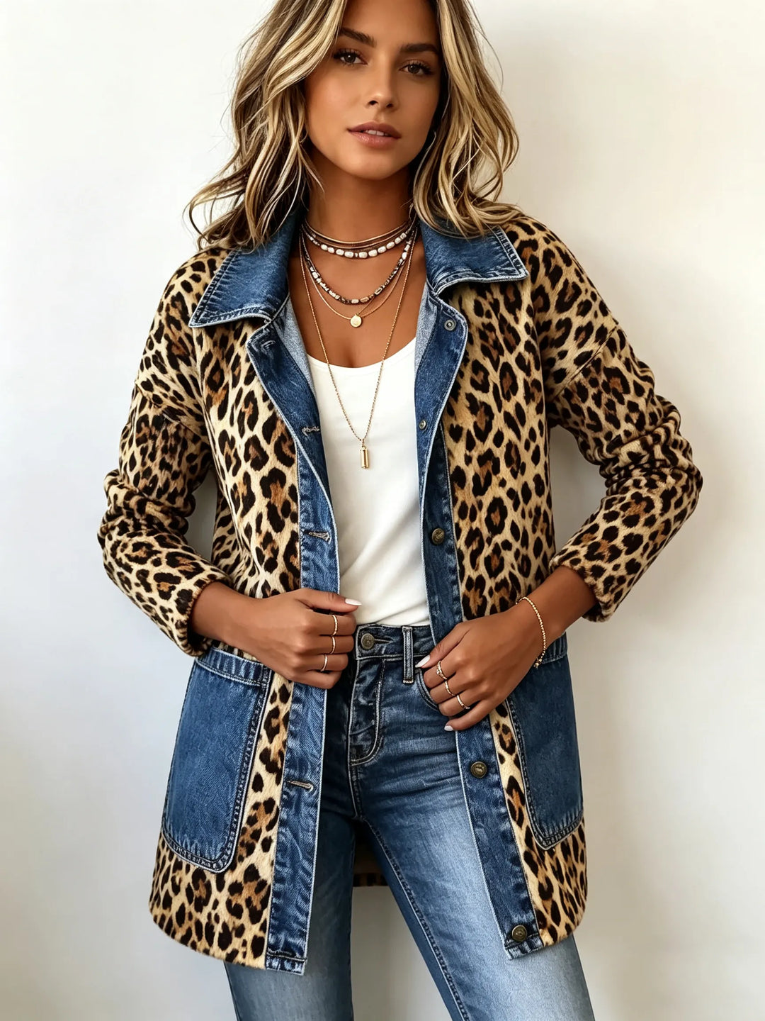 Adalgisa | Giacca lunga leopardata con inserti in denim