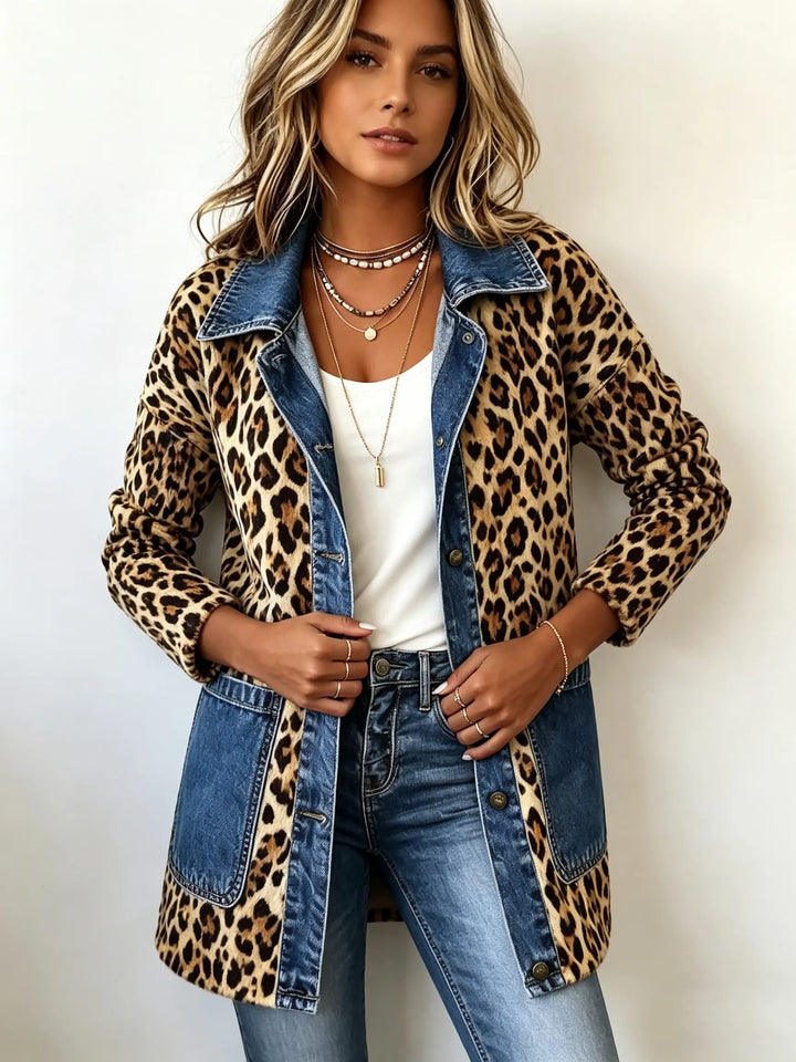 Adalgisa | Giacca lunga leopardata con inserti in denim