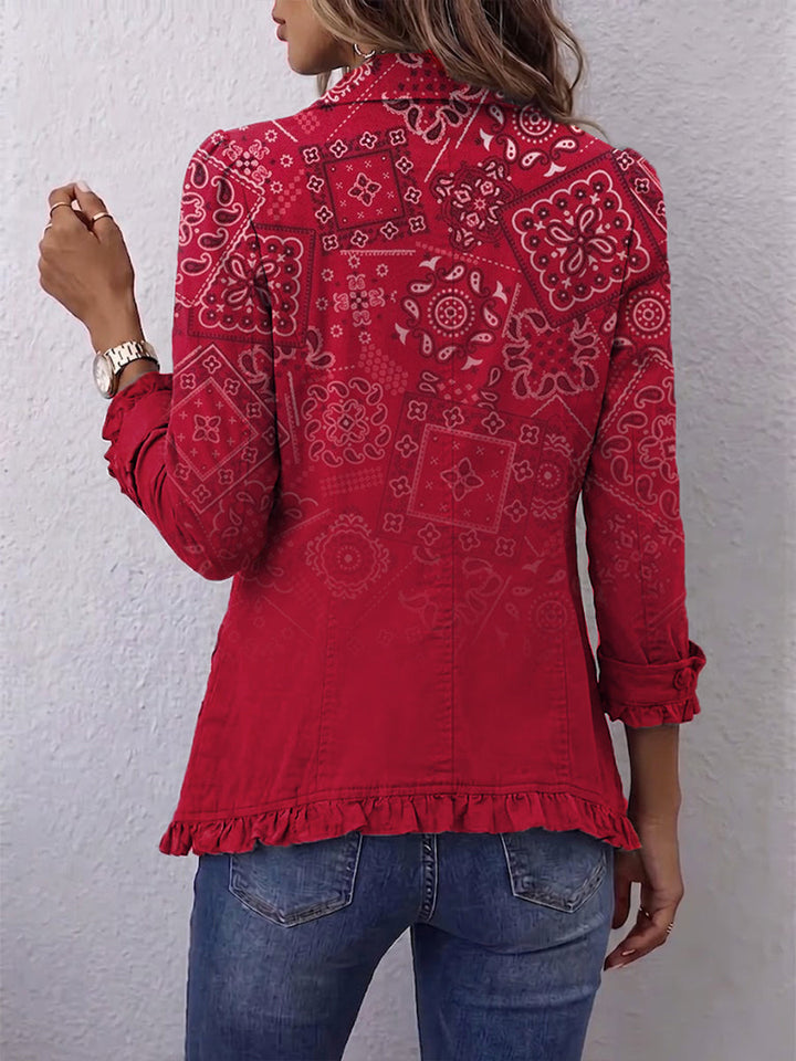 Smeralda | Giacca boho paisley sfumata con revers e volant