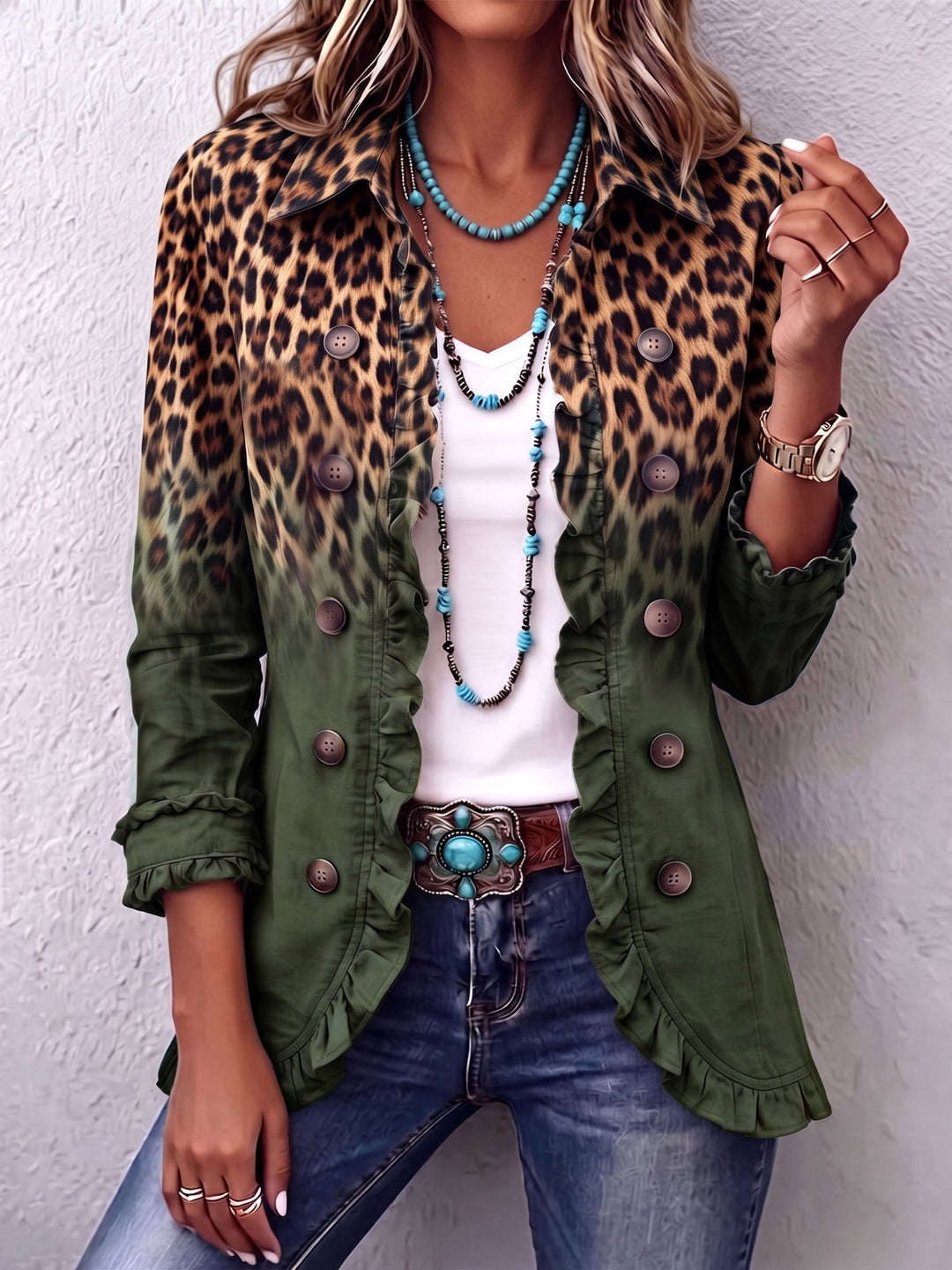 Annetta | Giacca blazer leopardata con sfumatura multicolore e volant
