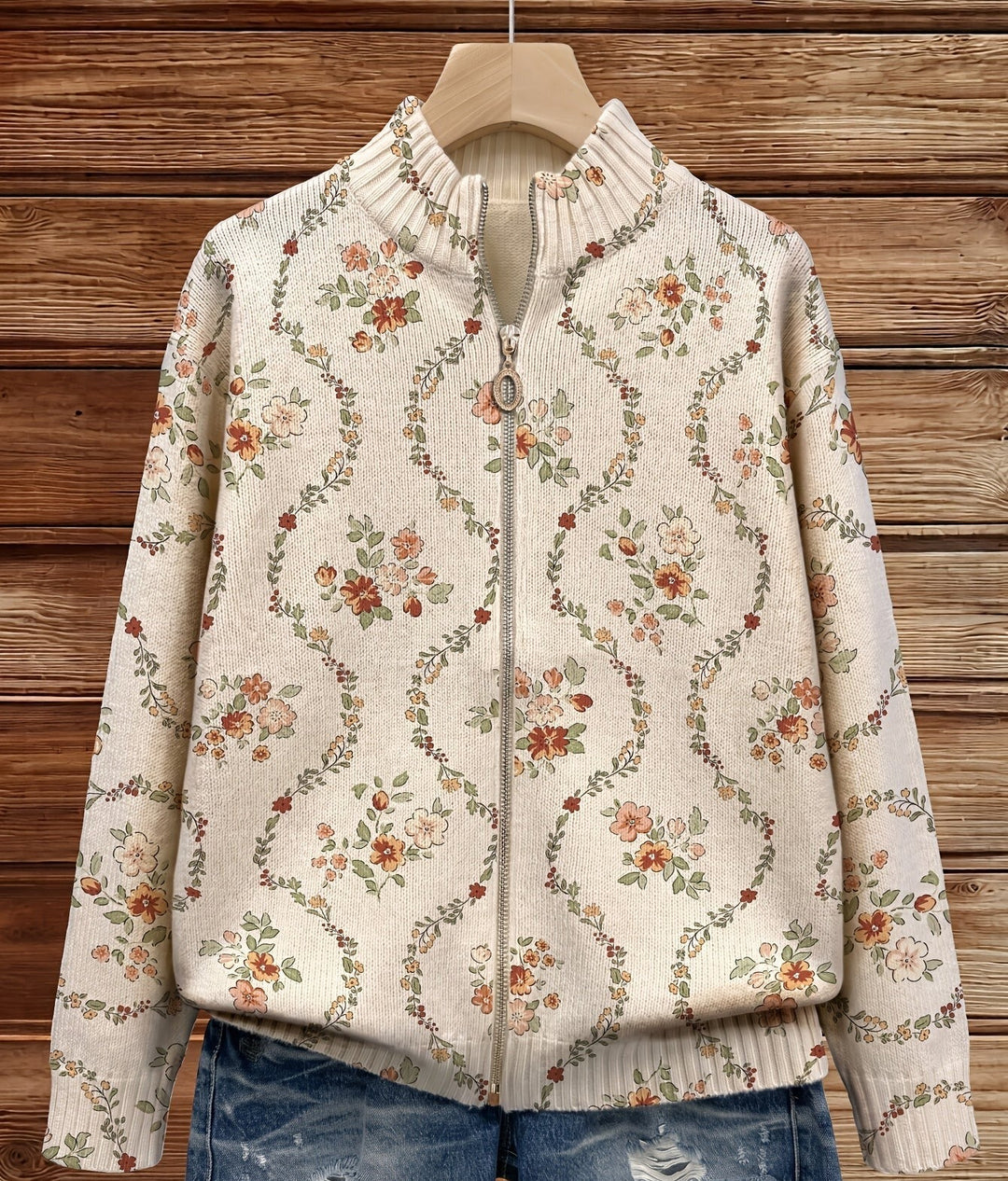 Elvira | Cardigan con zip e tralci fioriti su fondo crema