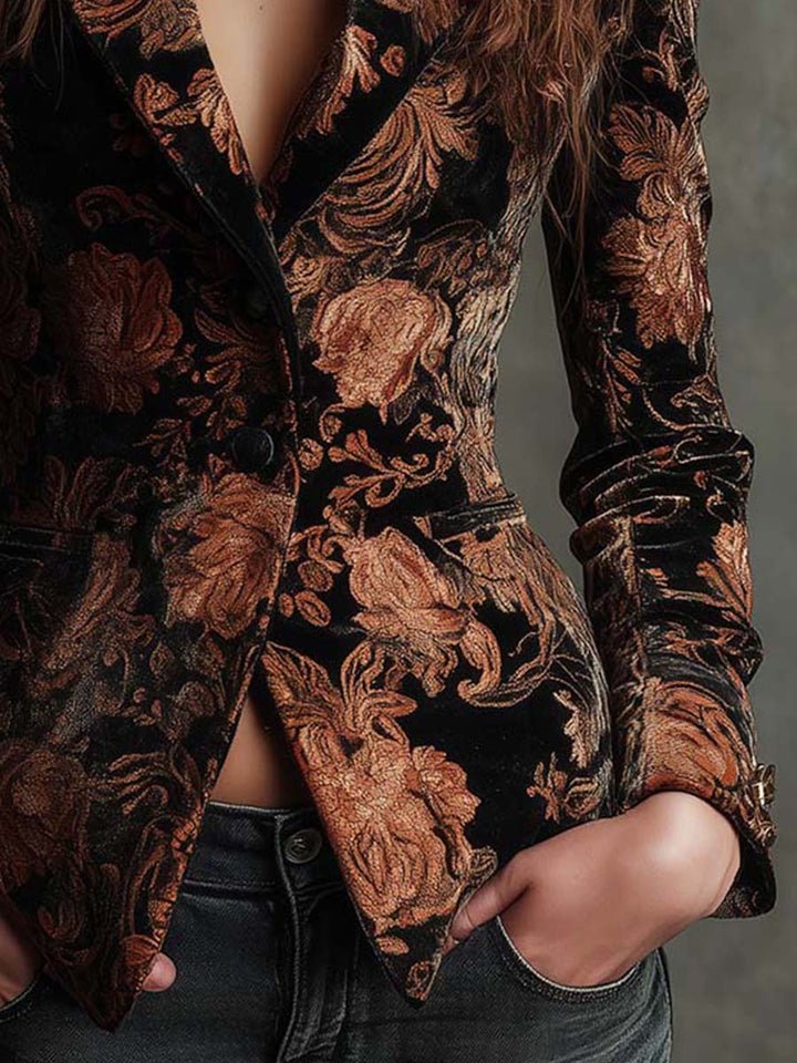 Sofia | Blazer sartoriale con stampa floreale nera e bronzo, foto 4