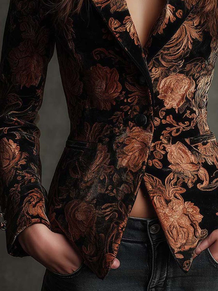 Sofia | Blazer sartoriale con stampa floreale nera e bronzo, foto 5