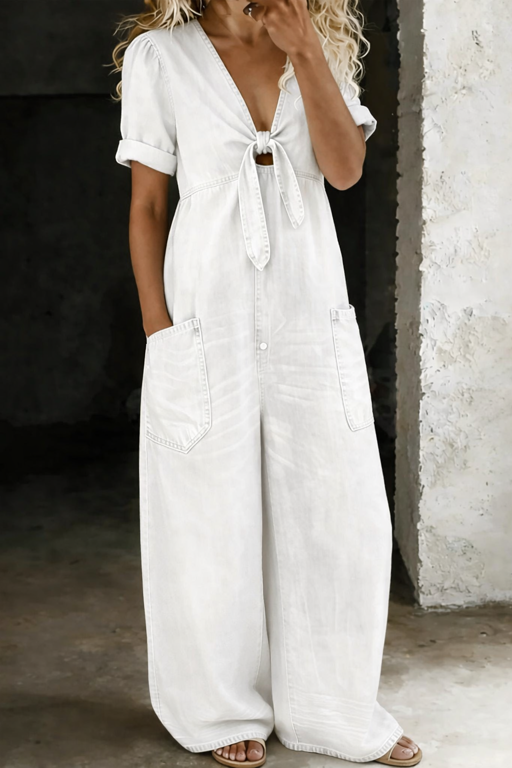 Jumpsuit a maniche corte con scollo a V Sofia – colore Bianco