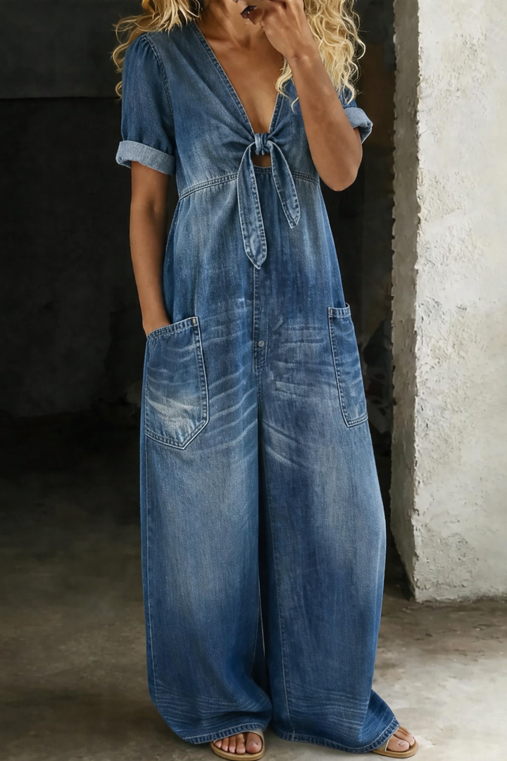 Jumpsuit a maniche corte con scollo a V Sofia – colore Blu