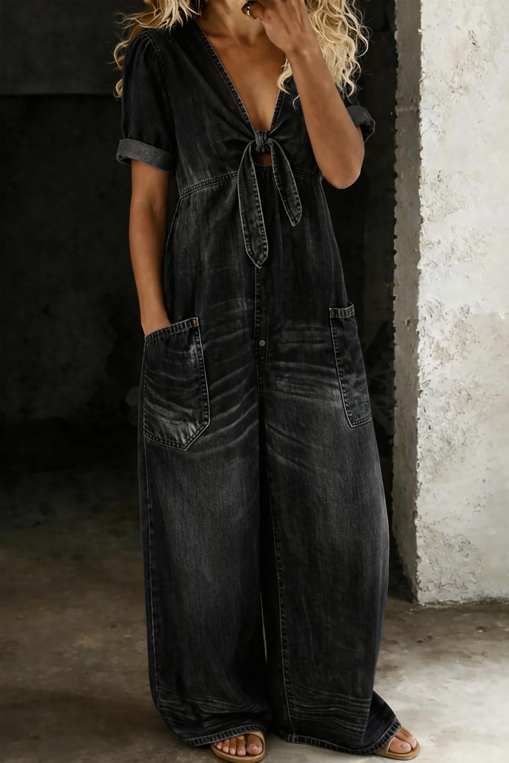 Jumpsuit a maniche corte con scollo a V Sofia – colore Nero